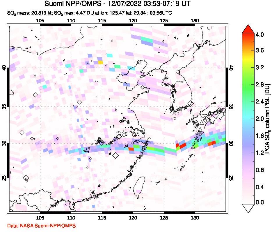A sulfur dioxide image over Eastern China on Dec 07, 2022.