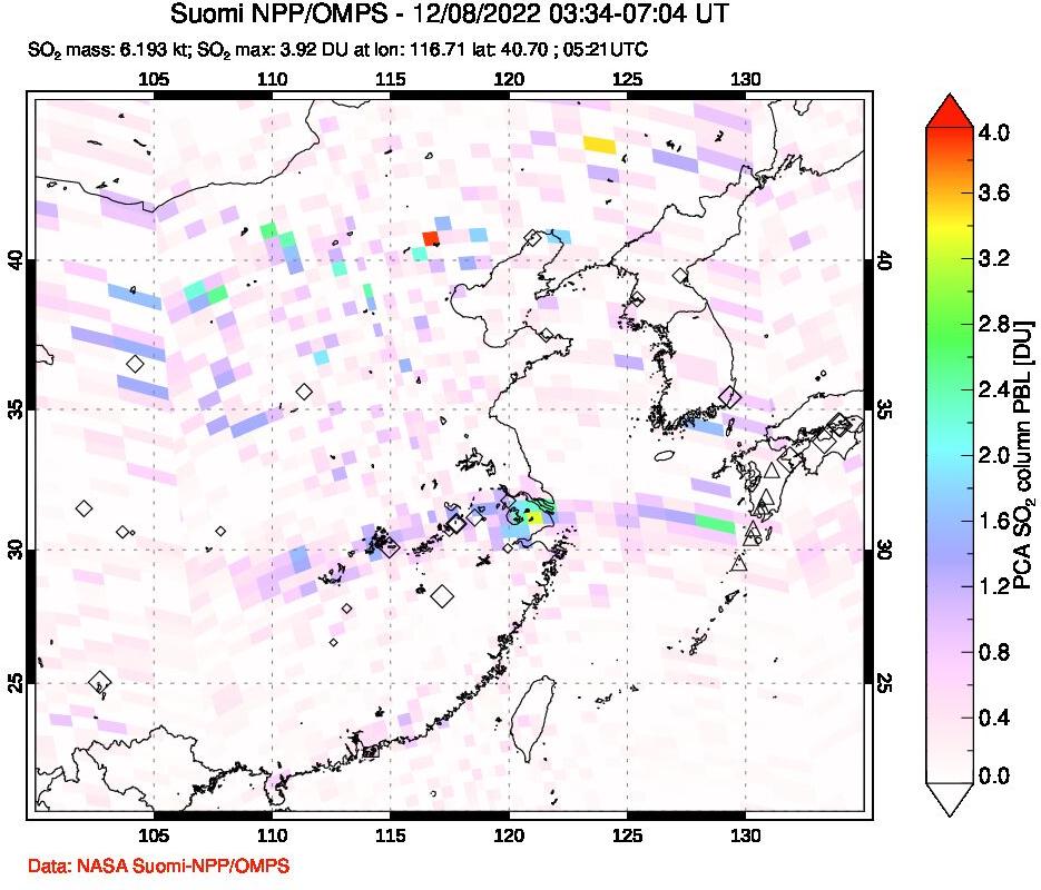 A sulfur dioxide image over Eastern China on Dec 08, 2022.