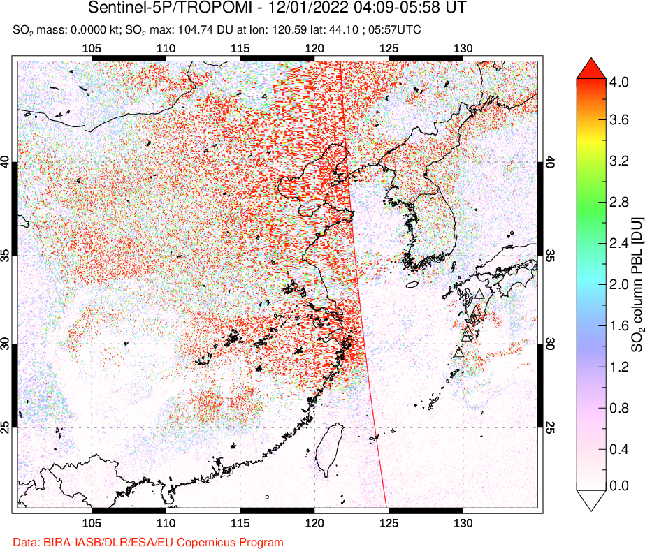 A sulfur dioxide image over Eastern China on Dec 01, 2022.