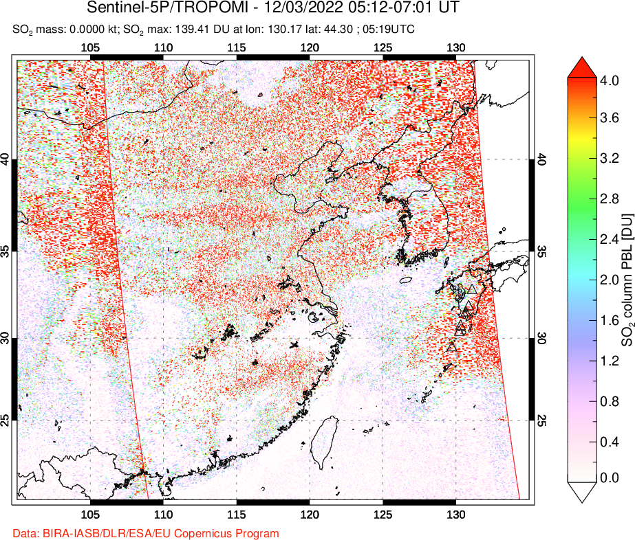 A sulfur dioxide image over Eastern China on Dec 03, 2022.