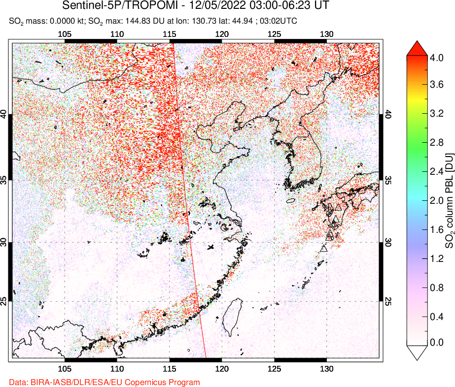 A sulfur dioxide image over Eastern China on Dec 05, 2022.