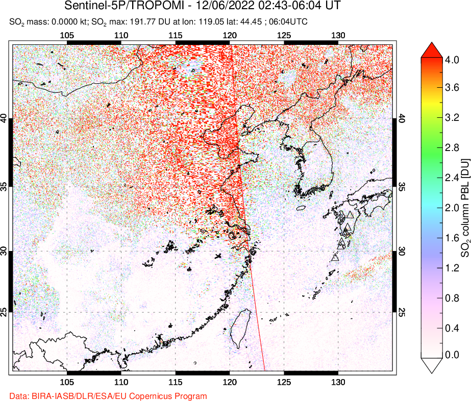 A sulfur dioxide image over Eastern China on Dec 06, 2022.