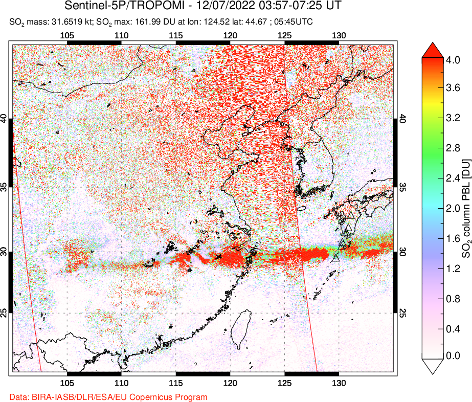 A sulfur dioxide image over Eastern China on Dec 07, 2022.