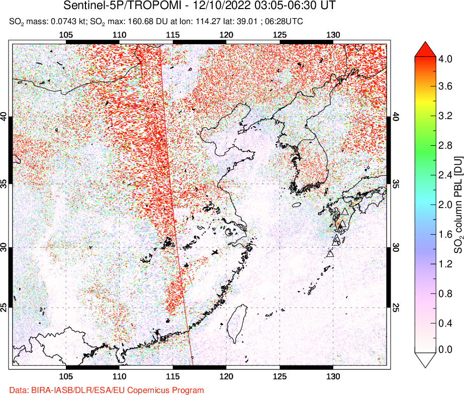 A sulfur dioxide image over Eastern China on Dec 10, 2022.