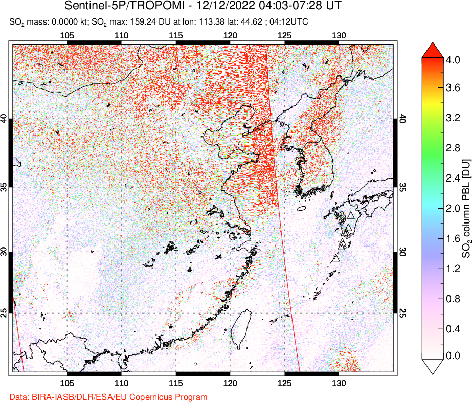 A sulfur dioxide image over Eastern China on Dec 12, 2022.