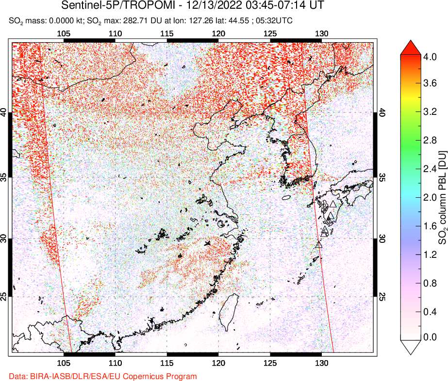 A sulfur dioxide image over Eastern China on Dec 13, 2022.