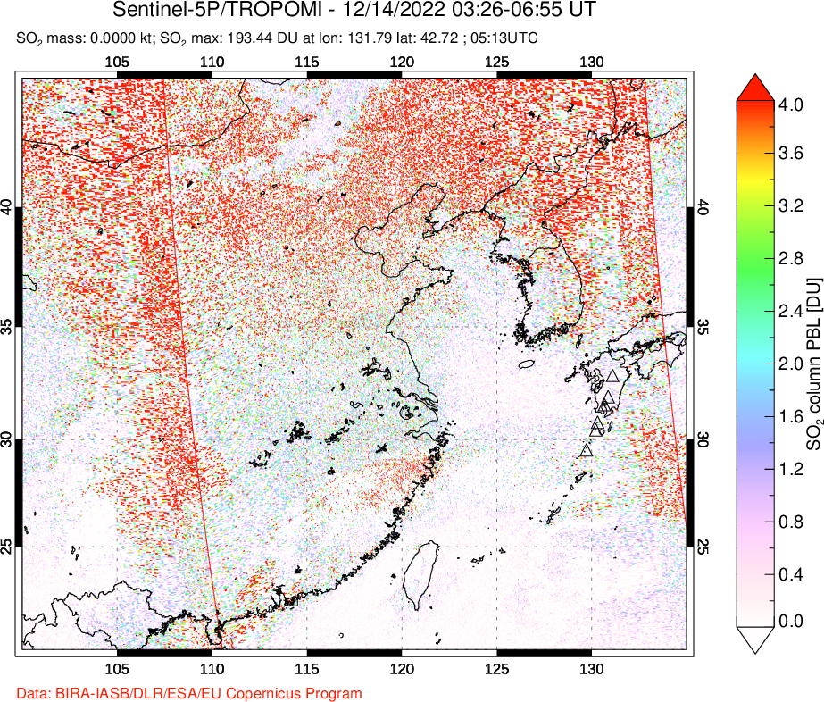 A sulfur dioxide image over Eastern China on Dec 14, 2022.