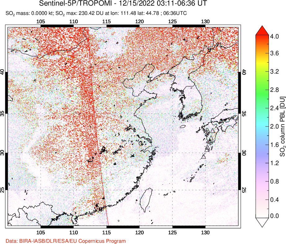 A sulfur dioxide image over Eastern China on Dec 15, 2022.