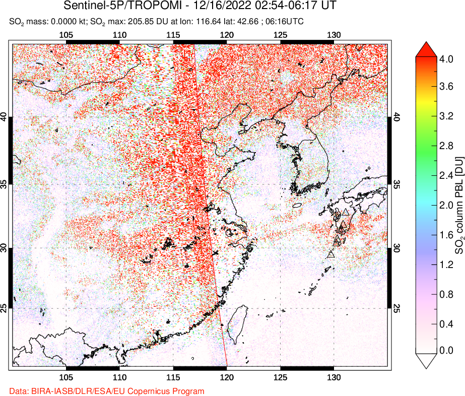 A sulfur dioxide image over Eastern China on Dec 16, 2022.