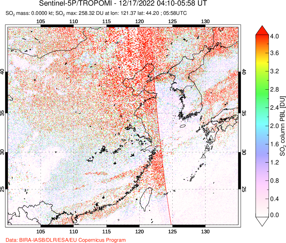 A sulfur dioxide image over Eastern China on Dec 17, 2022.