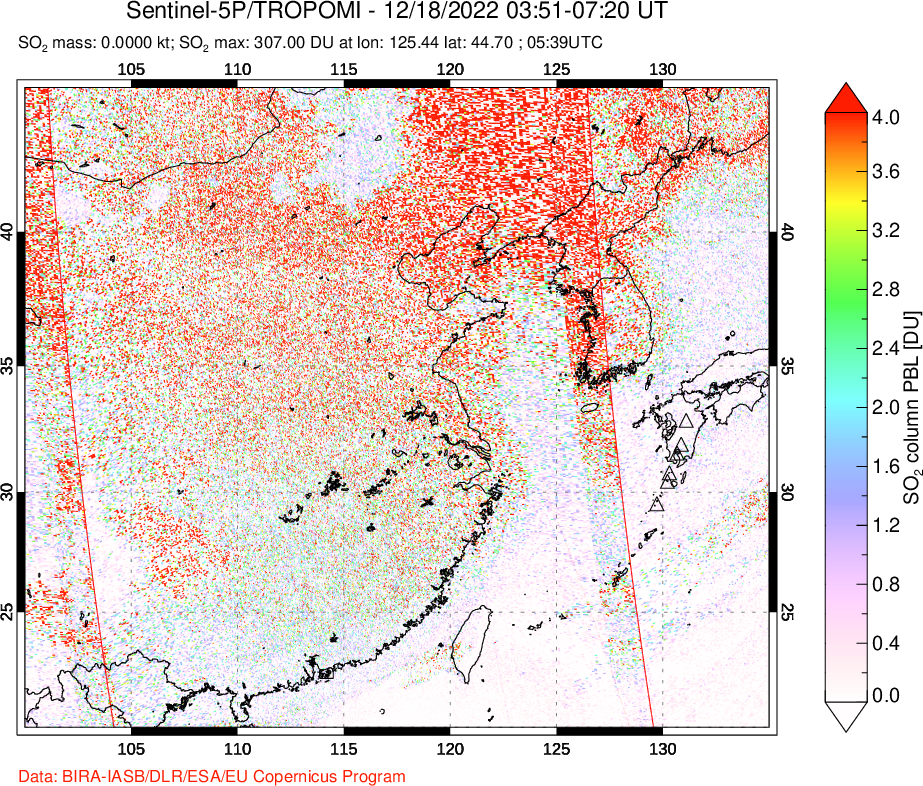 A sulfur dioxide image over Eastern China on Dec 18, 2022.