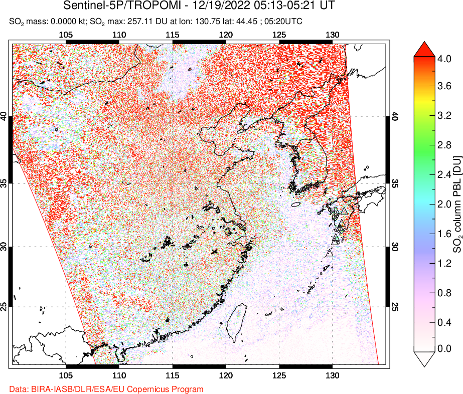 A sulfur dioxide image over Eastern China on Dec 19, 2022.
