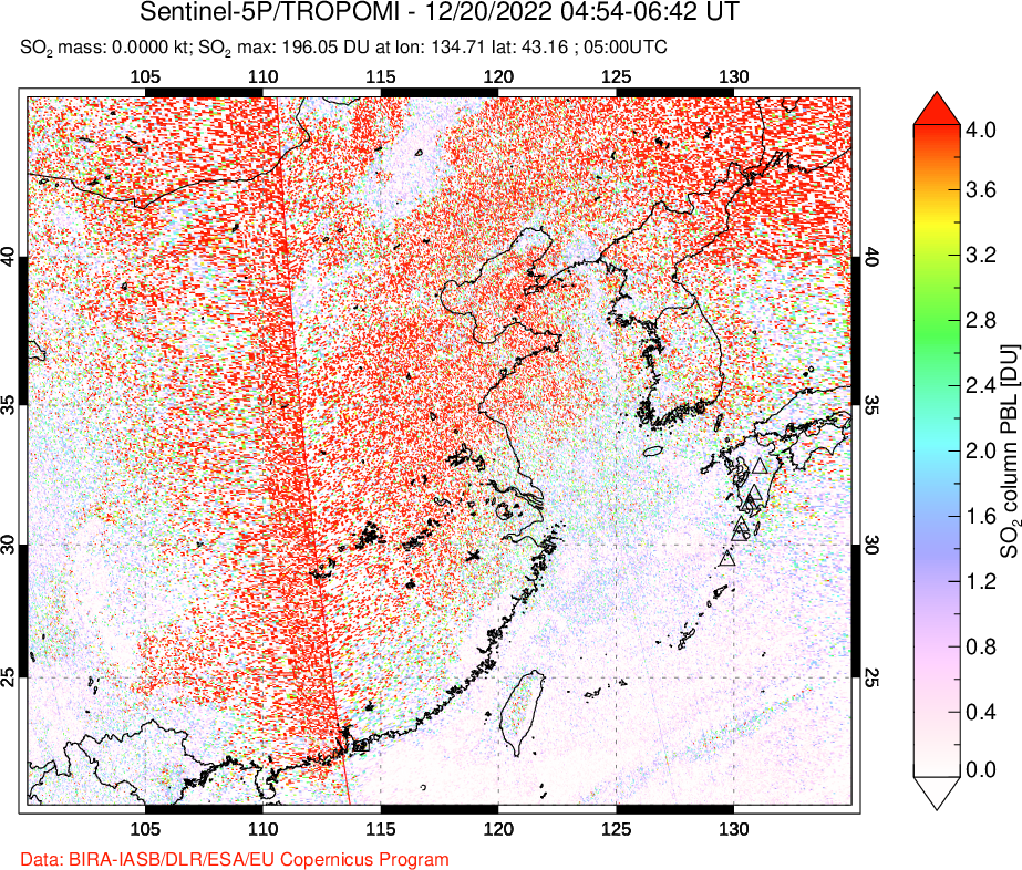 A sulfur dioxide image over Eastern China on Dec 20, 2022.