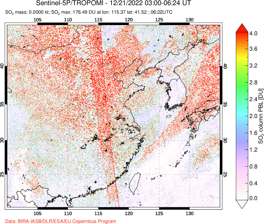 A sulfur dioxide image over Eastern China on Dec 21, 2022.