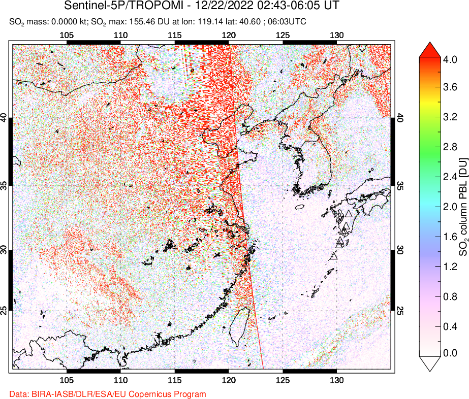 A sulfur dioxide image over Eastern China on Dec 22, 2022.