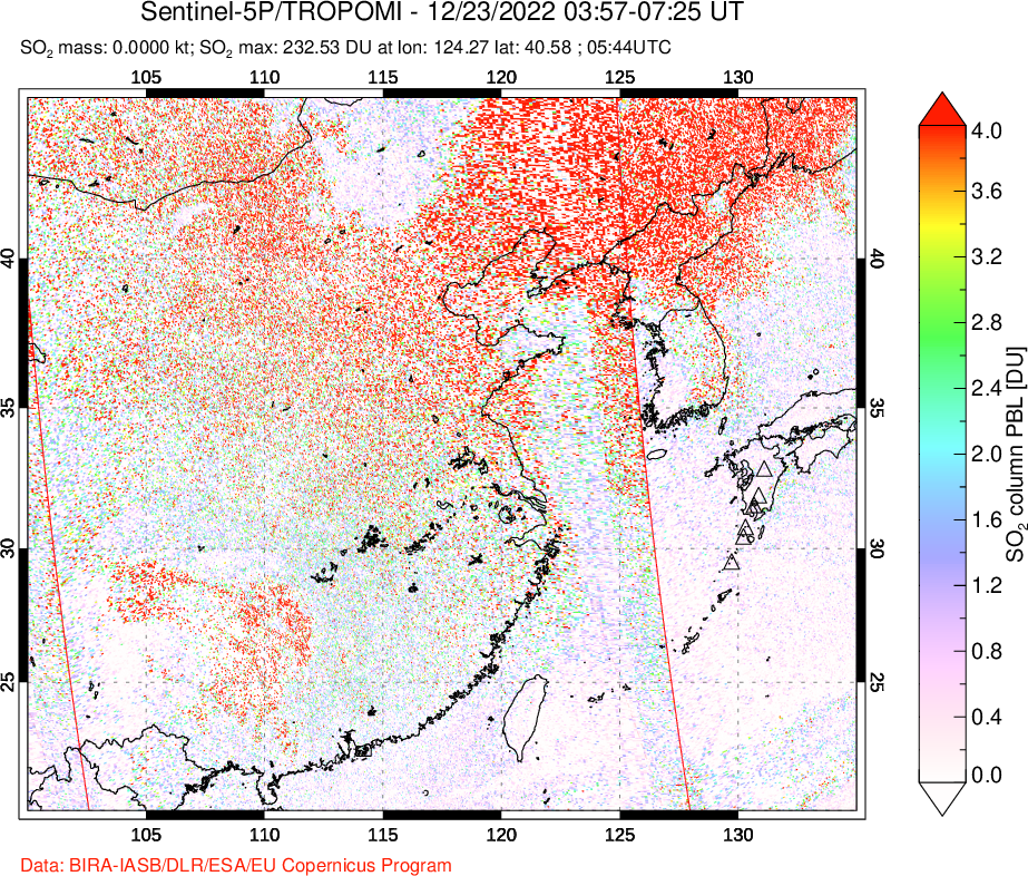 A sulfur dioxide image over Eastern China on Dec 23, 2022.