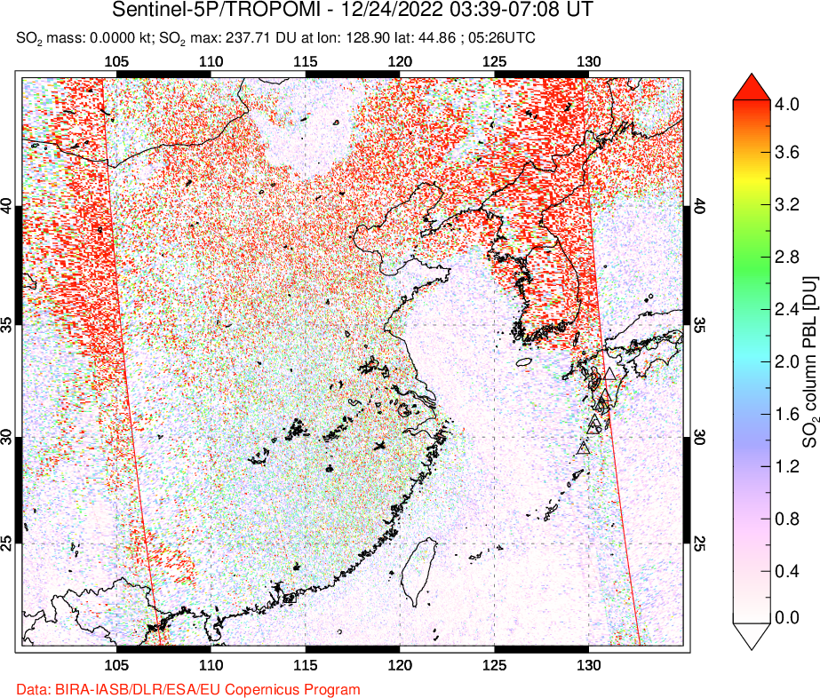 A sulfur dioxide image over Eastern China on Dec 24, 2022.