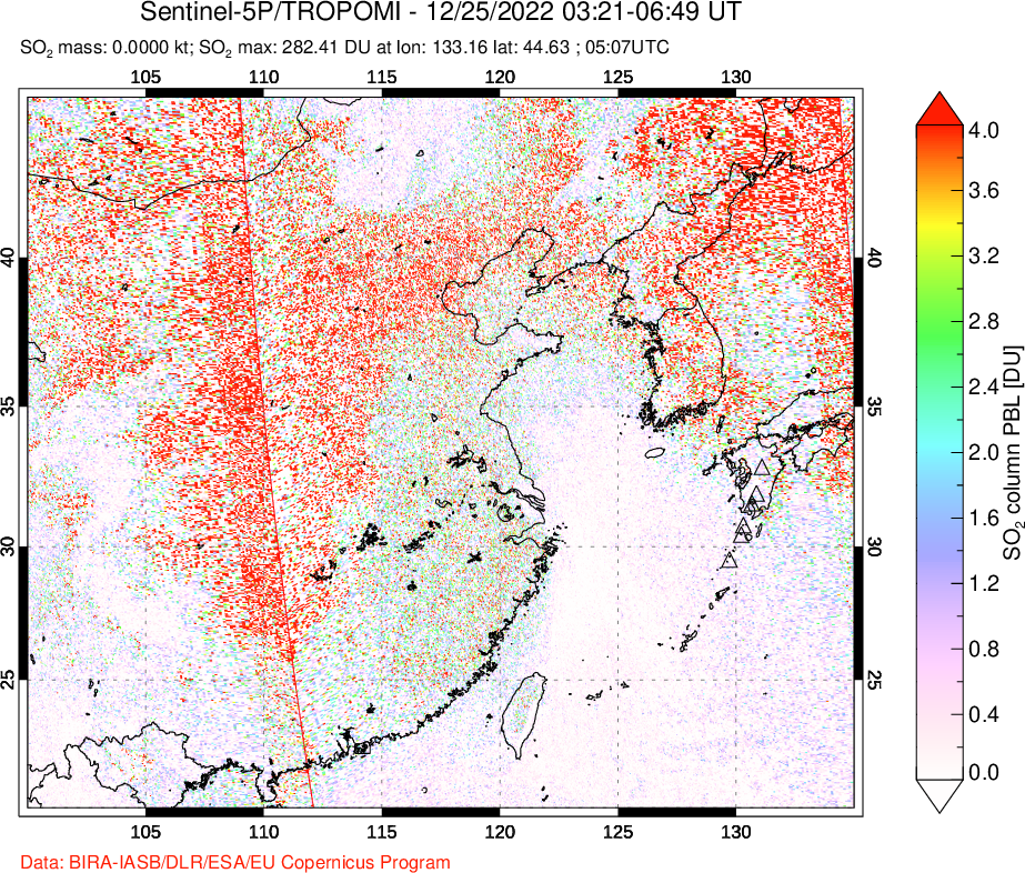 A sulfur dioxide image over Eastern China on Dec 25, 2022.