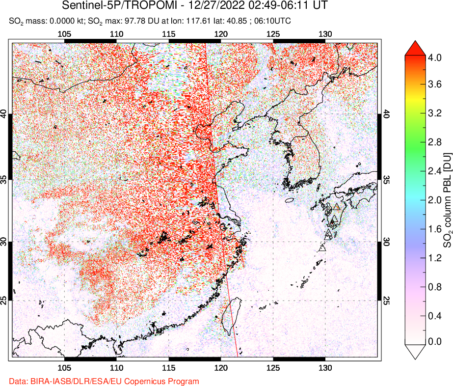 A sulfur dioxide image over Eastern China on Dec 27, 2022.