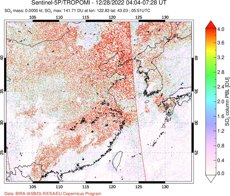 A sulfur dioxide image over Eastern China on Dec 28, 2022.