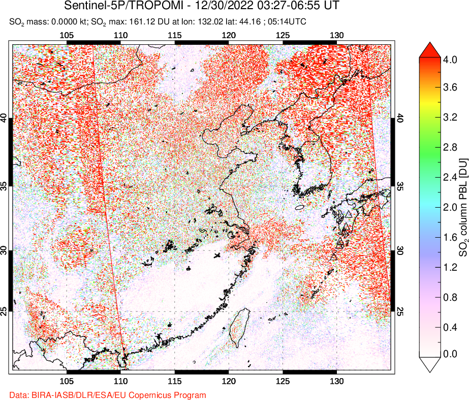 A sulfur dioxide image over Eastern China on Dec 30, 2022.