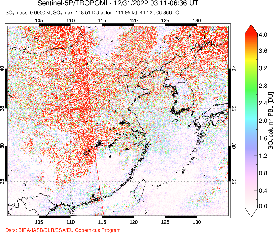 A sulfur dioxide image over Eastern China on Dec 31, 2022.
