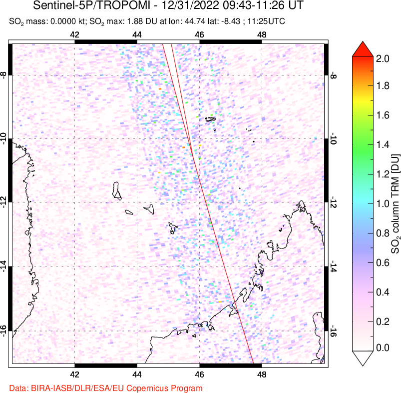 A sulfur dioxide image over Comoro Islands on Dec 31, 2022.