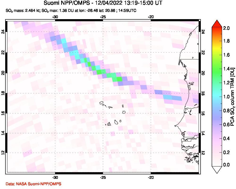 A sulfur dioxide image over Cape Verde Islands on Dec 04, 2022.