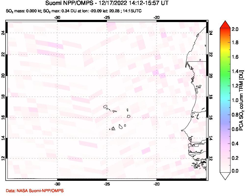 A sulfur dioxide image over Cape Verde Islands on Dec 17, 2022.