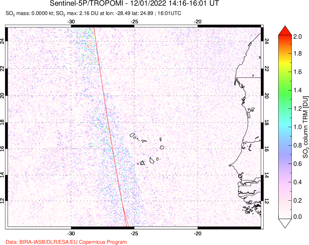 A sulfur dioxide image over Cape Verde Islands on Dec 01, 2022.