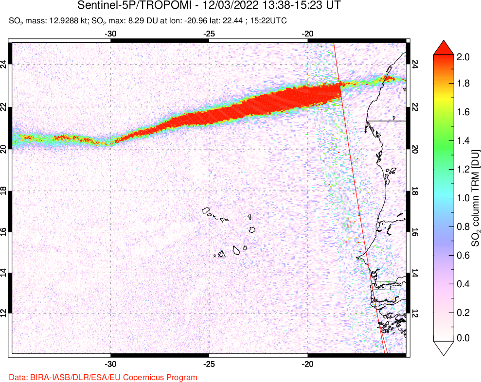 A sulfur dioxide image over Cape Verde Islands on Dec 03, 2022.