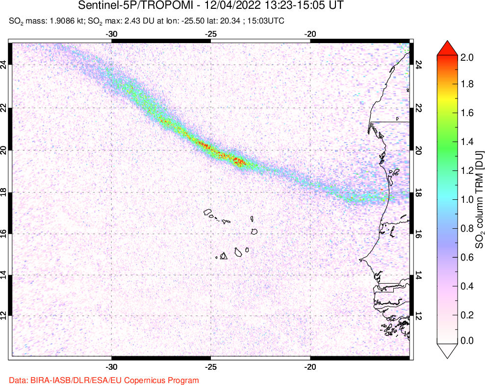 A sulfur dioxide image over Cape Verde Islands on Dec 04, 2022.