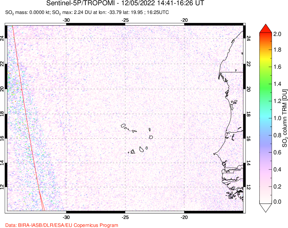 A sulfur dioxide image over Cape Verde Islands on Dec 05, 2022.