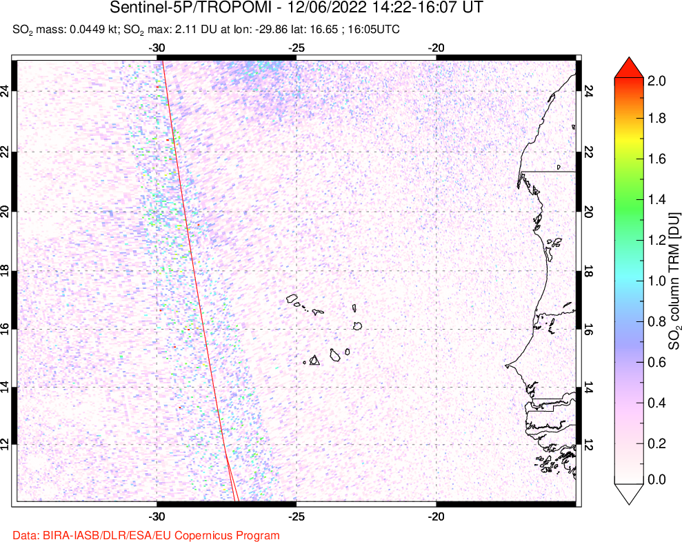 A sulfur dioxide image over Cape Verde Islands on Dec 06, 2022.