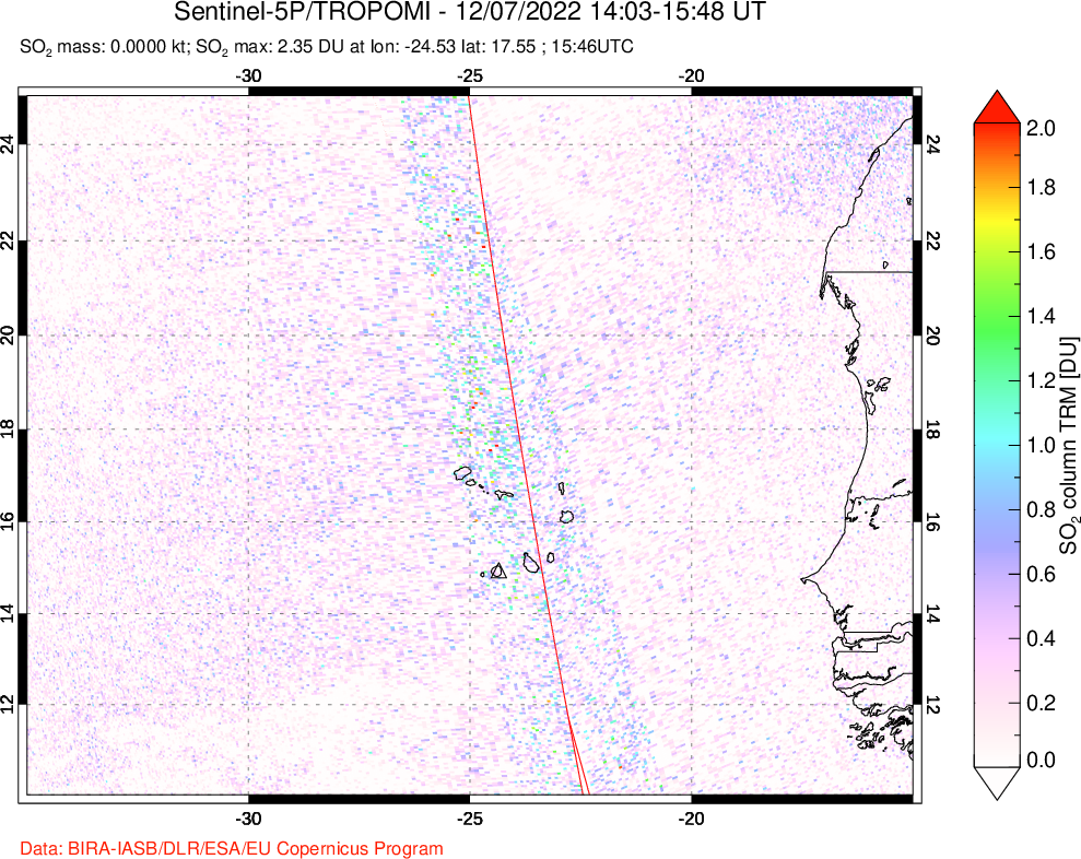 A sulfur dioxide image over Cape Verde Islands on Dec 07, 2022.