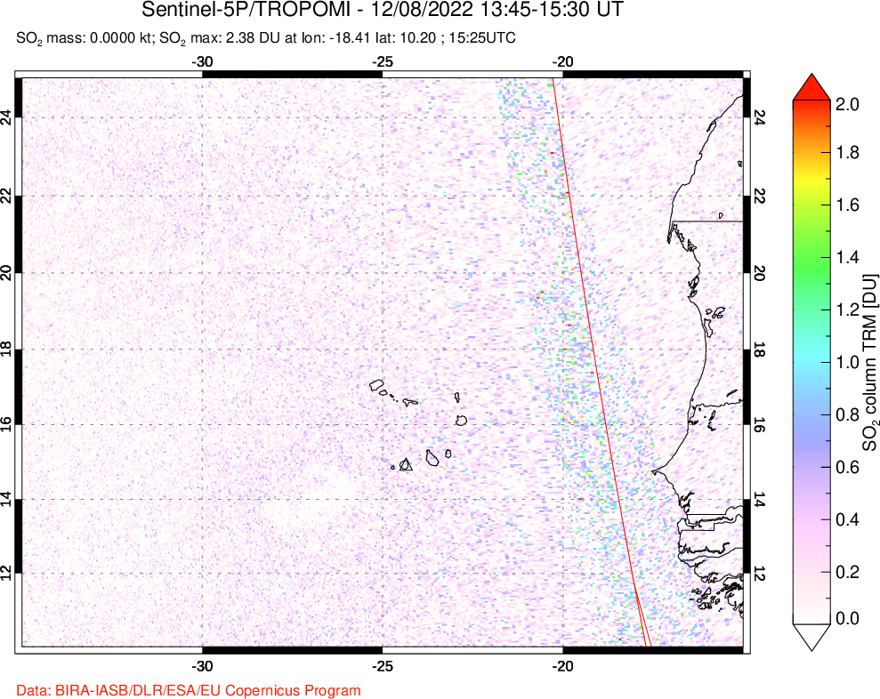 A sulfur dioxide image over Cape Verde Islands on Dec 08, 2022.