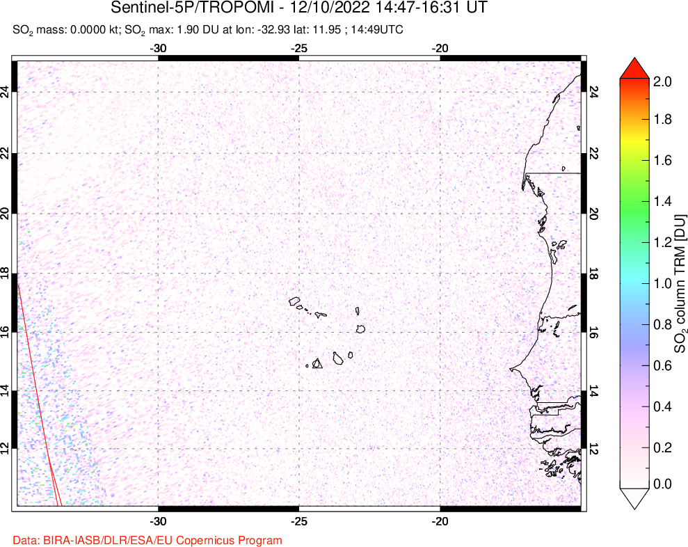 A sulfur dioxide image over Cape Verde Islands on Dec 10, 2022.