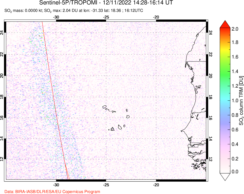 A sulfur dioxide image over Cape Verde Islands on Dec 11, 2022.