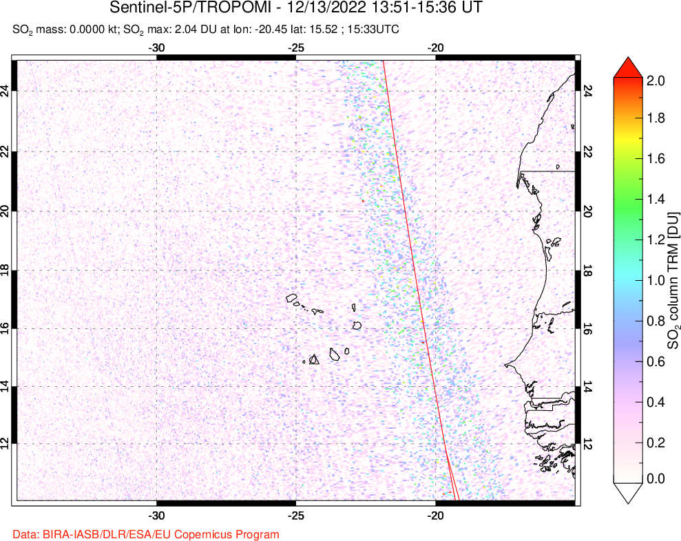 A sulfur dioxide image over Cape Verde Islands on Dec 13, 2022.