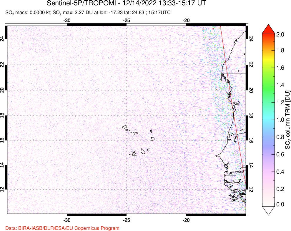 A sulfur dioxide image over Cape Verde Islands on Dec 14, 2022.