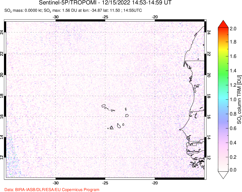 A sulfur dioxide image over Cape Verde Islands on Dec 15, 2022.