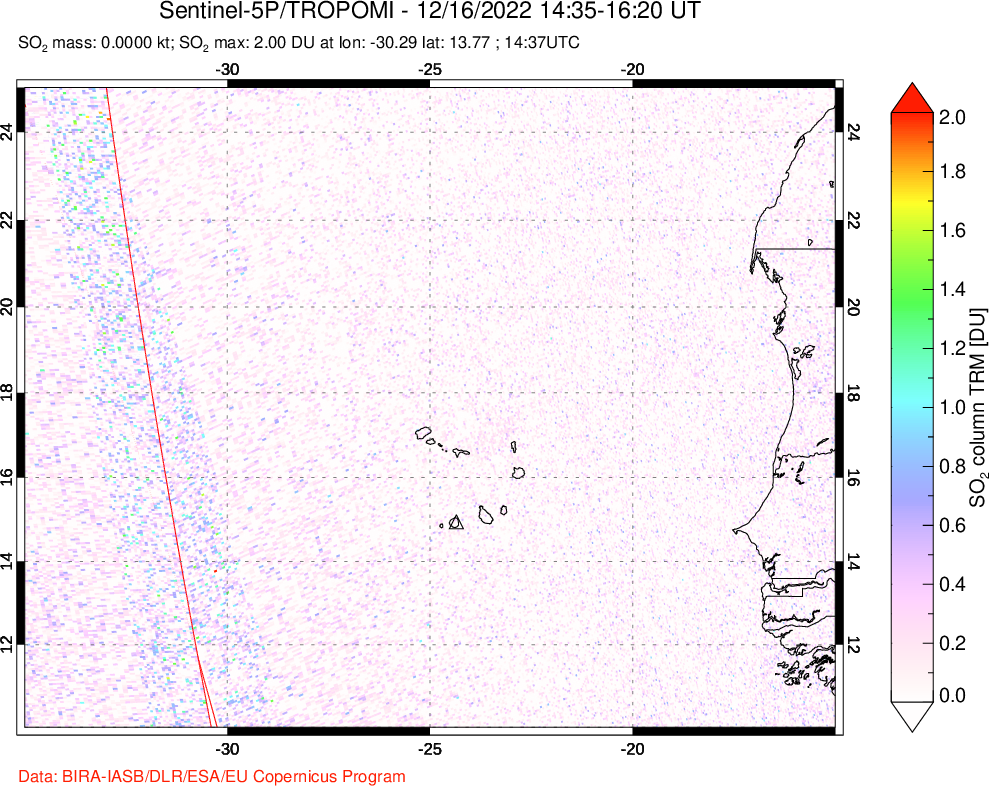 A sulfur dioxide image over Cape Verde Islands on Dec 16, 2022.