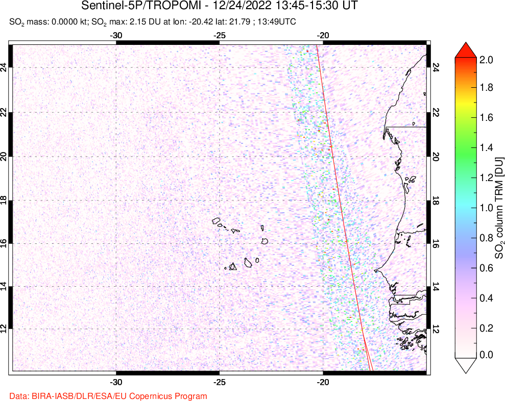 A sulfur dioxide image over Cape Verde Islands on Dec 24, 2022.