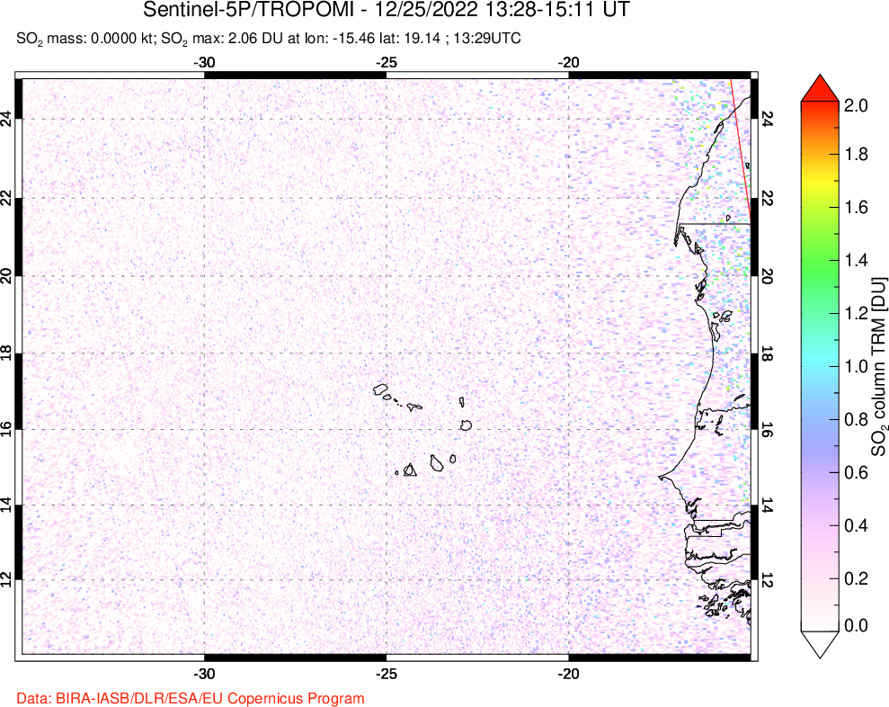 A sulfur dioxide image over Cape Verde Islands on Dec 25, 2022.