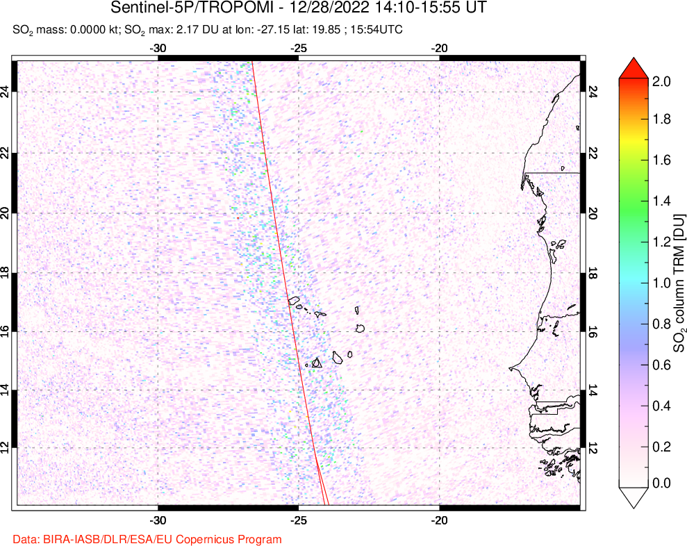 A sulfur dioxide image over Cape Verde Islands on Dec 28, 2022.