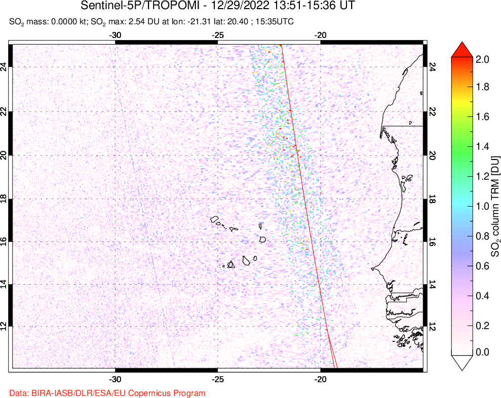 A sulfur dioxide image over Cape Verde Islands on Dec 29, 2022.