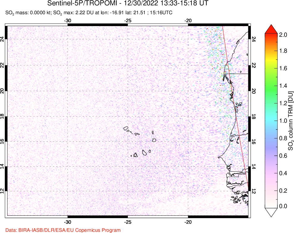A sulfur dioxide image over Cape Verde Islands on Dec 30, 2022.