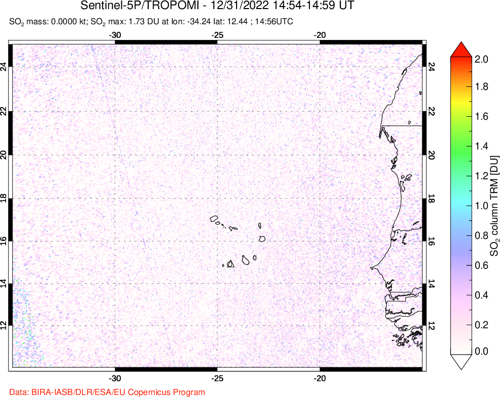 A sulfur dioxide image over Cape Verde Islands on Dec 31, 2022.