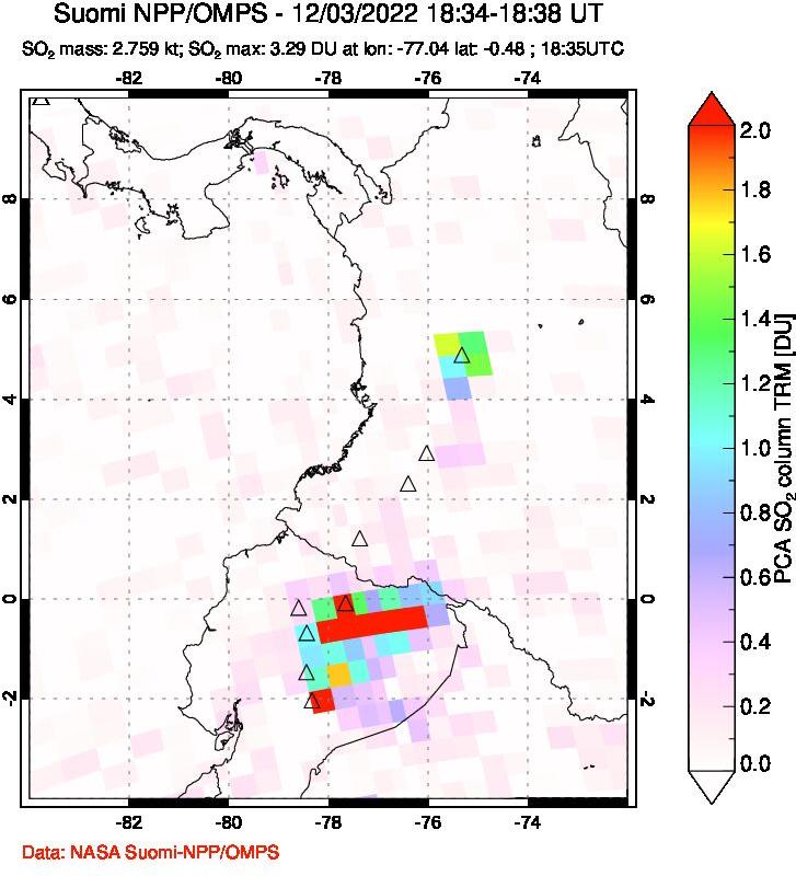 A sulfur dioxide image over Ecuador on Dec 03, 2022.