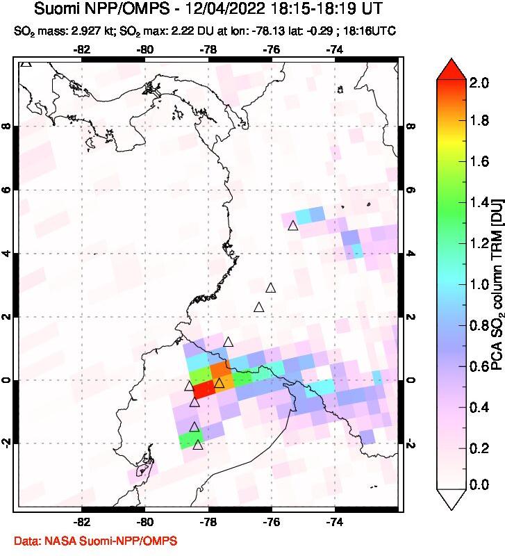 A sulfur dioxide image over Ecuador on Dec 04, 2022.